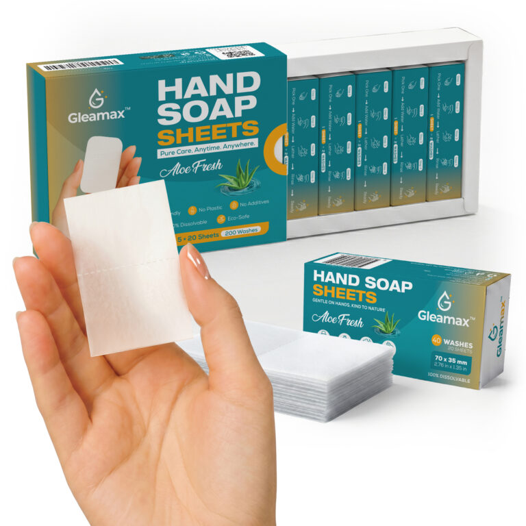 gleamax hand soap sheets travel friendly portable hand wash 5 pack 20 sheets each 80 washes hiking gym camping no spill soap