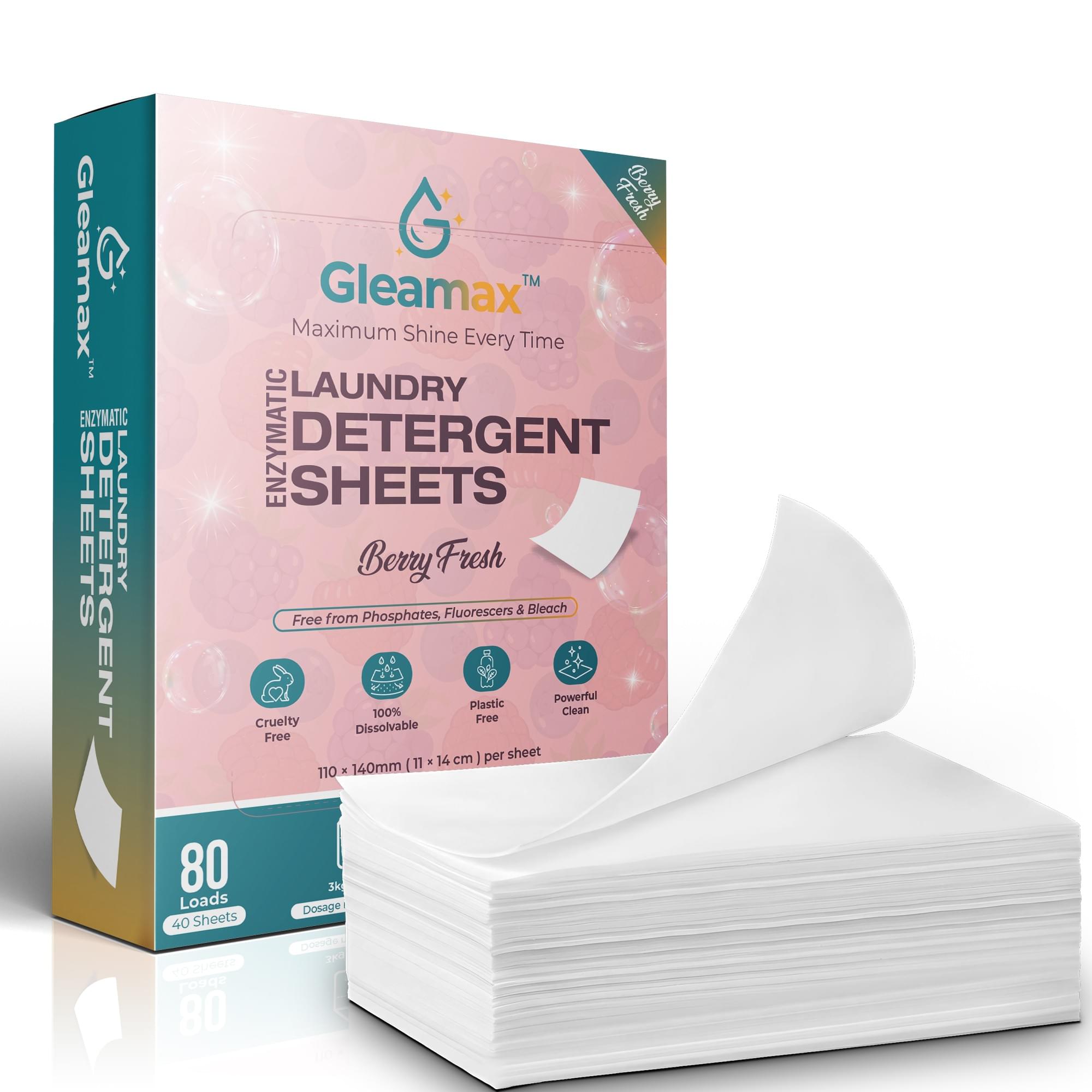 gleamax laundry detergent sheets berry fresh 40 sheets 80 loads eco friendly compact no spill solution