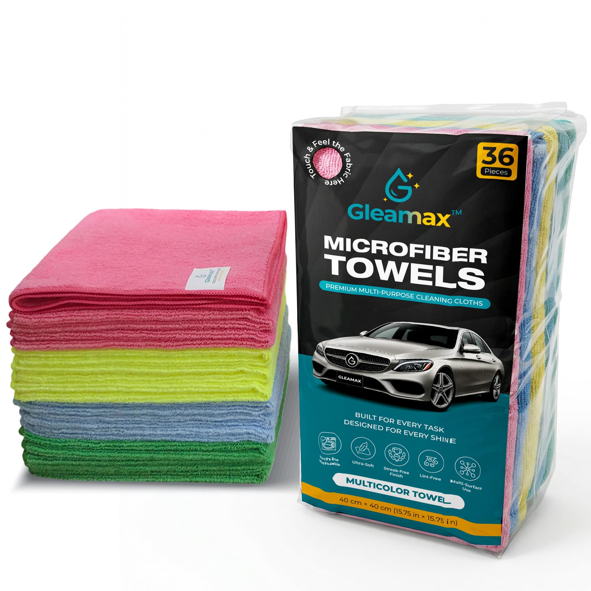 Gleamax microfiber cleaning cloth 36 pack 4 colors ultra absorbent lint free towel for home car cleaning