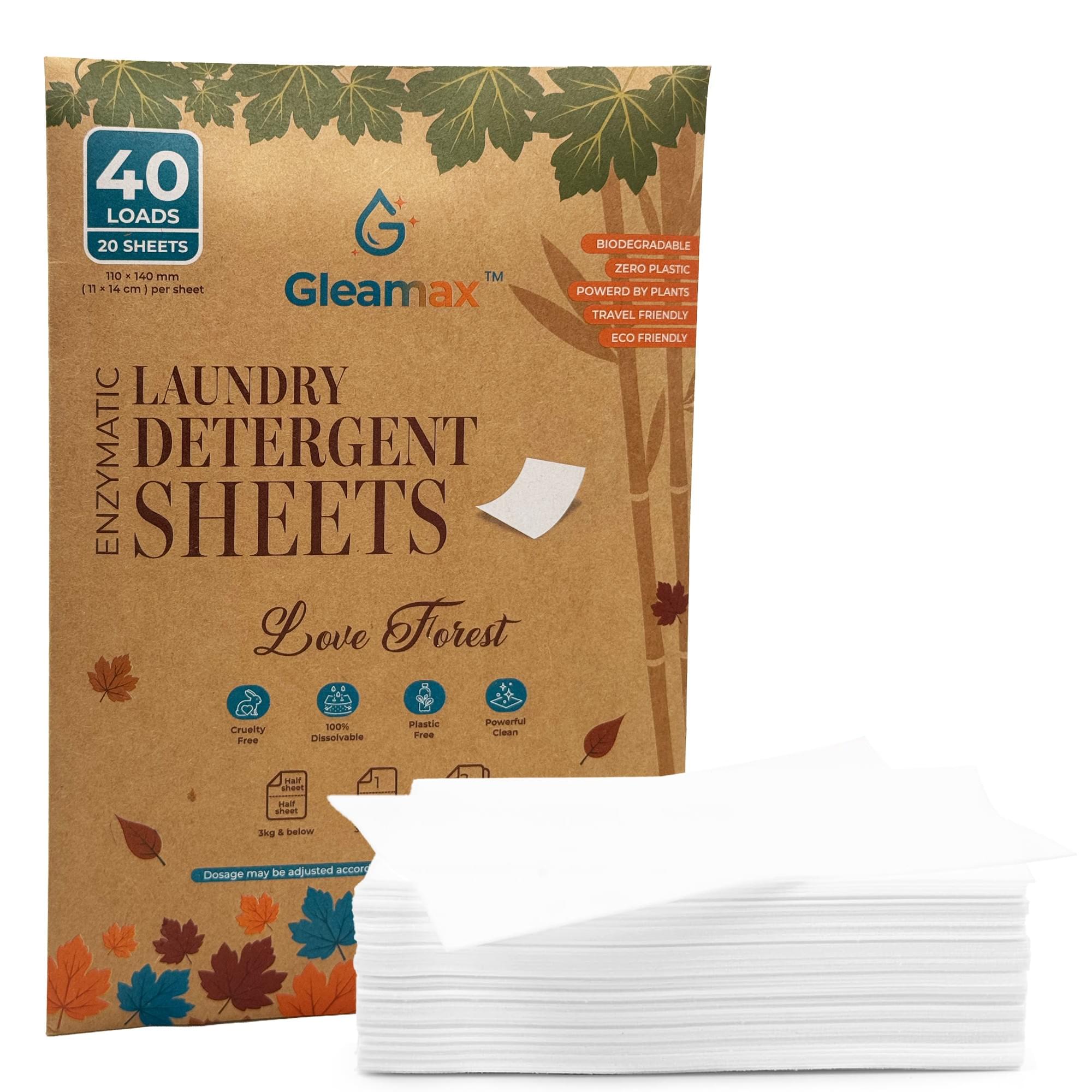 Gleamax Biodegradable laundry detergent sheets - Love Forest Scent with 20 sheets and 40 washes, eco friendly plastic free travel laundry detergent alternative.